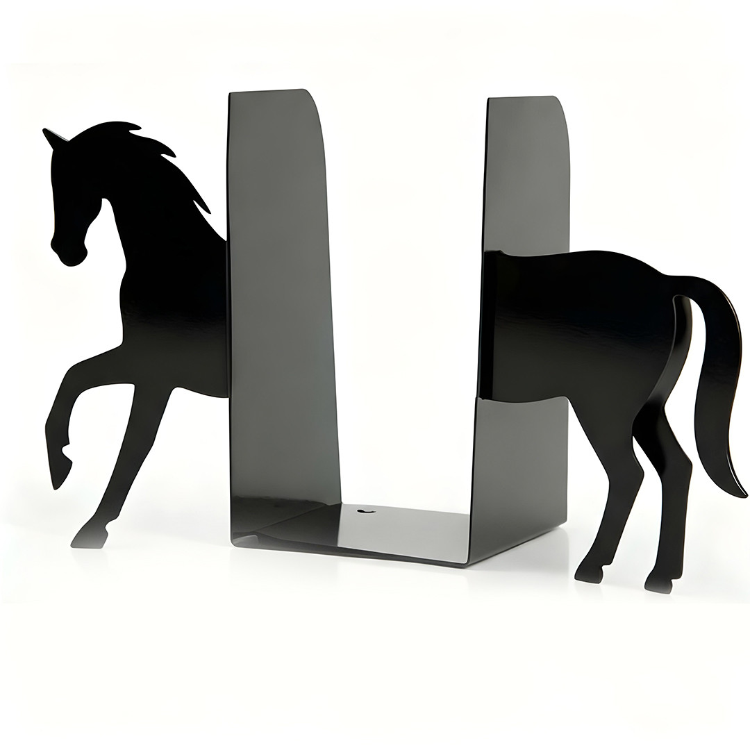 Horse Design Decorative Bookend Stand – Modern Black Metal Book Holder - View 1