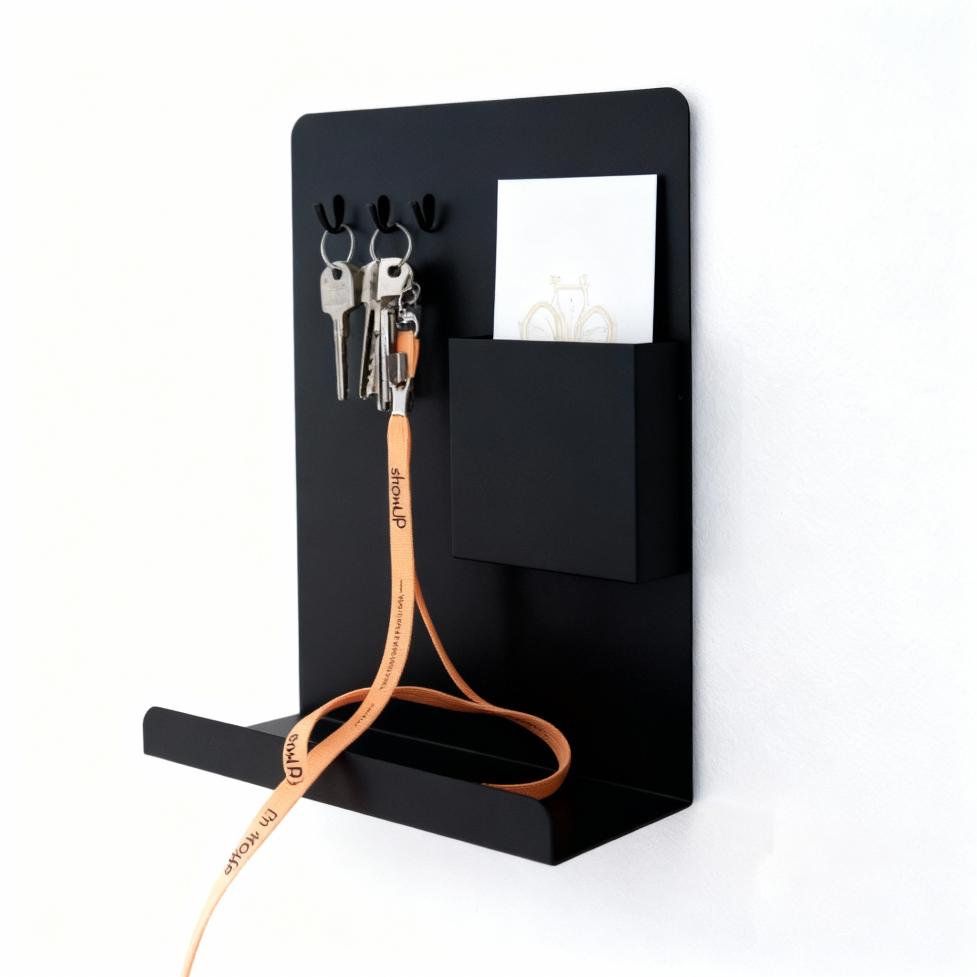 Modern Wall-Mounted Organizer with Hooks, Storage Compartment & Shelf