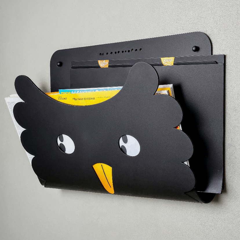Owl-Shaped Wall-Mounted Magazine & Document Organizer – Matte Black Metal - View 1