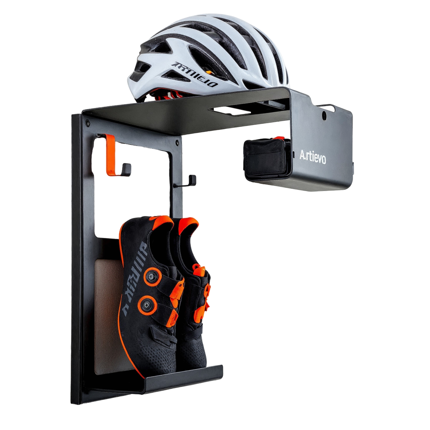 Artievo Wall-Mounted Cycling Gear Storage Rack – Matte Black Metal with Helmet Shelf, Shoe Holder & Accessory Hooks - View 1
