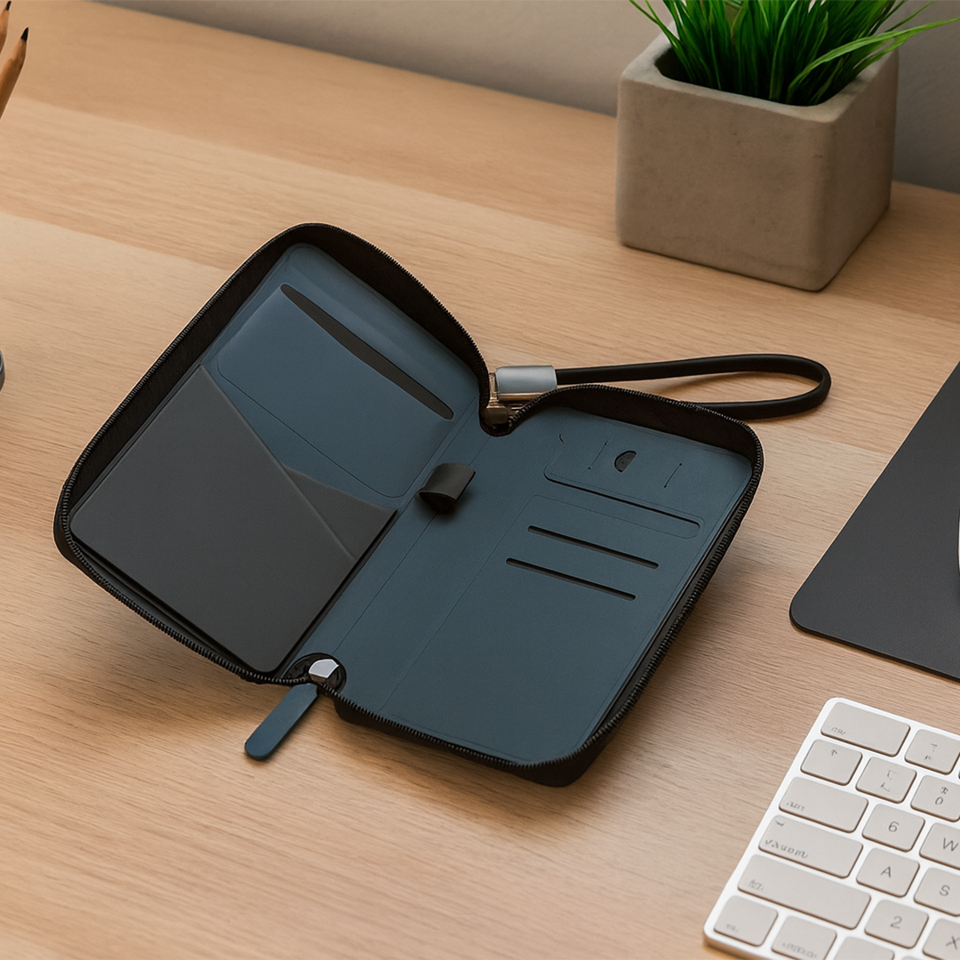 Sleek PU Leather Travel Case with Integrated Charging Cable for Tech Accessories & On-the-Go Power - View 1